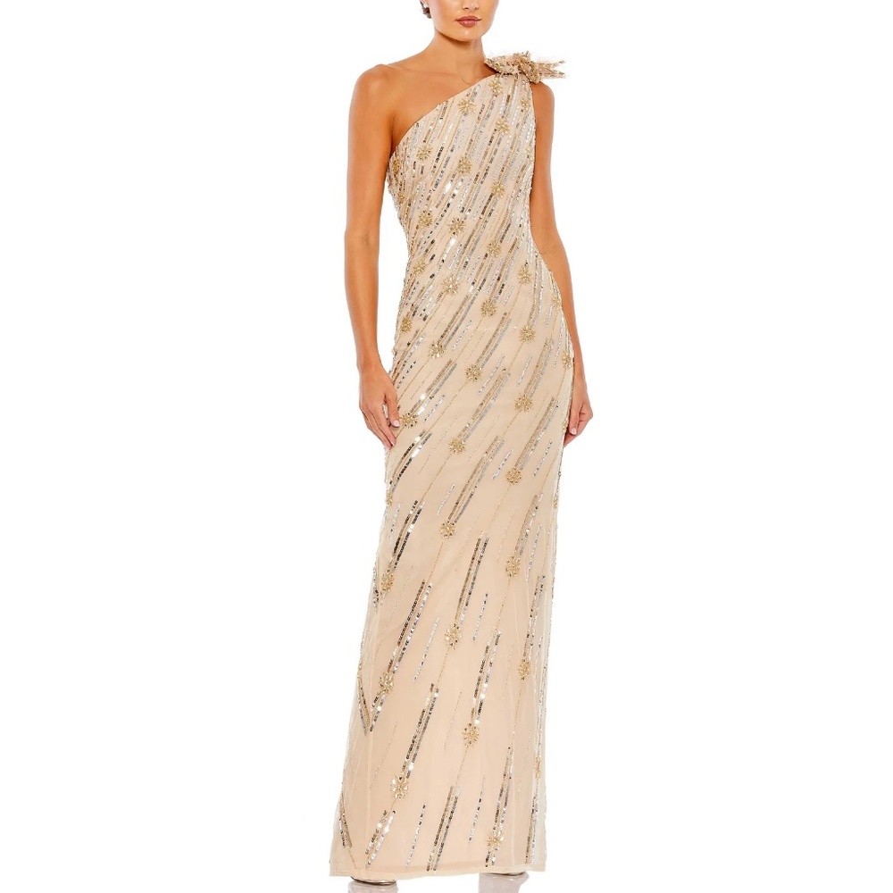 NEW Mac Duggal 93739 Embellished Floral Detail One Shoulder Sequin Gown